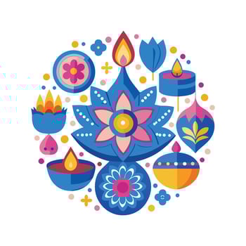 Colorful diwali diya lamp and flowers illustration vector