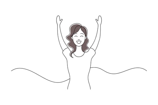 Cartoon woman joyfully raises her hands in the air continuous line art flat illustration on white background vector