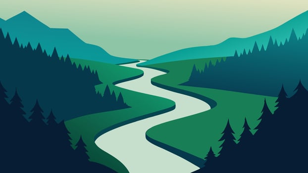 Aerial view showcasing a lush forest intertwined with a winding river, highlighting the beauty of nature from above flat illustration vector