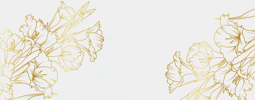 Luxury gold Gladiolus flowers background. Gladiolus Floral pattern tropical in line art style for greeting, invitation, wedding card, wall art, wallpaper and print. illustration vector