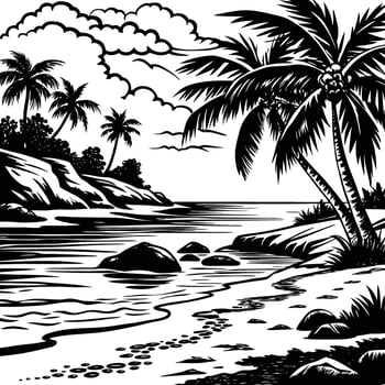 Tropical beach with palm trees and rocks vector