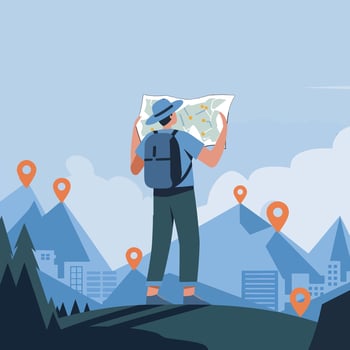 A man walks through a forest with a backpack and a map art vector