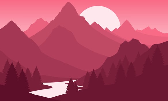 A pink background with mountains and trees vector
