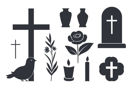 Funeral icons. Silhouette illustration with Cross, dove, flower, bird,urn for ashes and cremation, candles, tombstone, monument. Design elements for Morning wishes, condolence vector