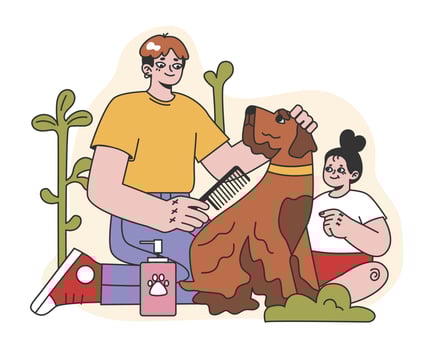 Characters grooming, taking care of a dog. Happy kids and pet spend vector