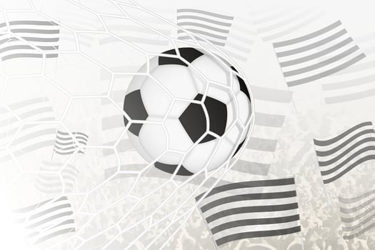 Soccer ball in the net with the black and white football club flag on background. vector