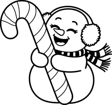 Snowman holding candy cane coloring page vector