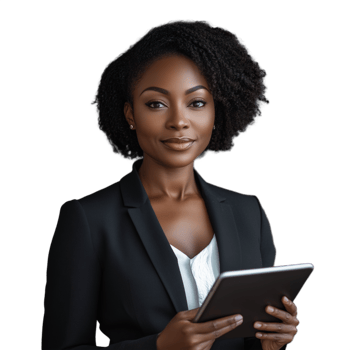 Confident young businesswoman holding a tablet, wearing a black blazer, isolated on a transparent background png
