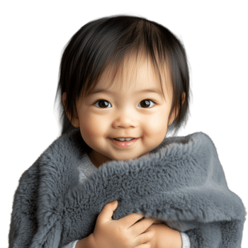 Smiling baby wrapped in a gray blanket, isolated on a transparent background png