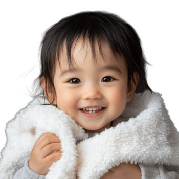 Happy baby in a fluffy white sweater, smiling, isolated against a transparent background png