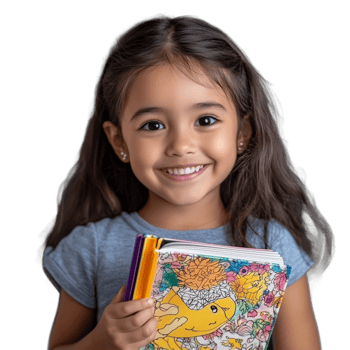 Smiling young girl holding a storybook, isolated on a transparent background png