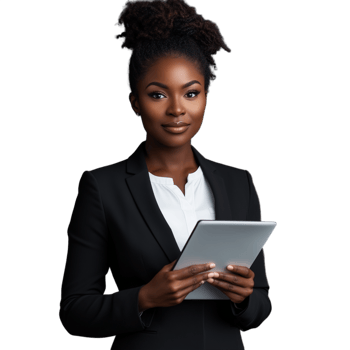 Professional young woman holding a tablet, wearing a black suit, isolated against a transparent background png