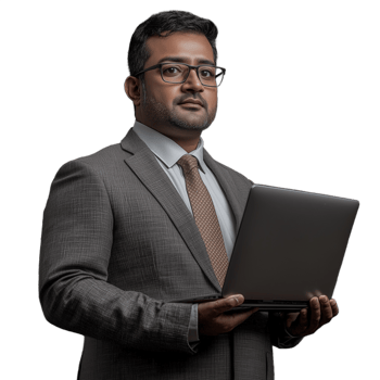 Businessman holding a laptop, wearing glasses and a suit, isolated against a transparent background png