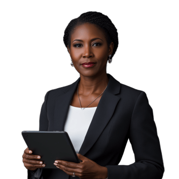 Professional middle-aged woman holding a tablet, wearing a dark blazer, isolated on a transparent background png