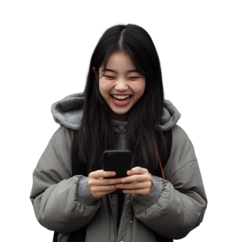 Happy young woman holding a mobile phone, wearing a hooded jacket, isolated on a transparent background png