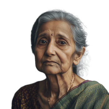 Elderly woman with a serious expression, wearing a traditional blouse, isolated on a transparent background png
