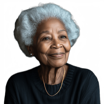 Smiling elderly woman with gray hair, wearing a black sweater, isolated on a transparent background png