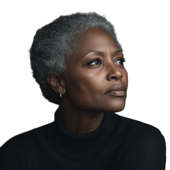 Thoughtful elderly woman with short gray hair, looking sideways, isolated on a transparent background png