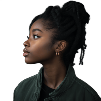 Thoughtful young woman with braided hair looking sideways, isolated on a transparent background png