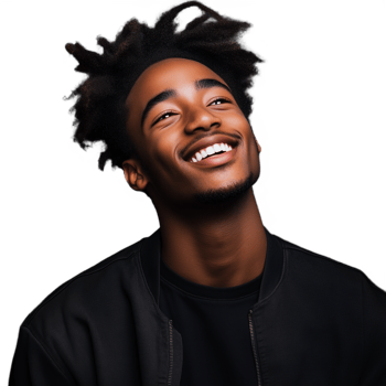 Happy young man with a wide smile, wearing a casual black jacket, isolated on a transparent background png