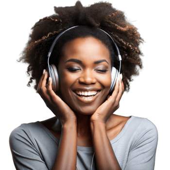 Young woman enjoying music with headphones, smiling cheerfully on a transparent background png
