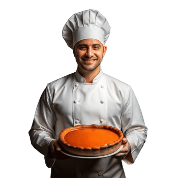 Smiling chef holding a freshly baked pie on a transparent background png