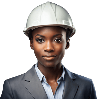Female engineer wearing a white hard hat, looking determined on a transparent background png