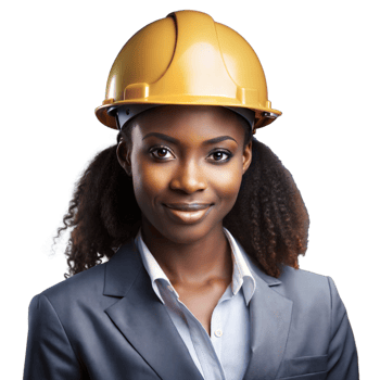 Female engineer in a yellow hard hat, smiling with confidence on a transparent background png