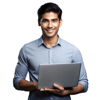 Young professional man holding a laptop and smiling on a transparent background png