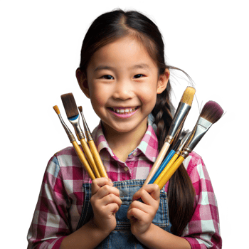 Young girl holding paintbrushes, smiling creatively on a transparent background png