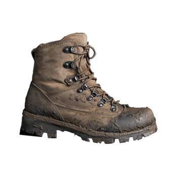 Worn hiking boot with mud stains, isolated on a transparent background png