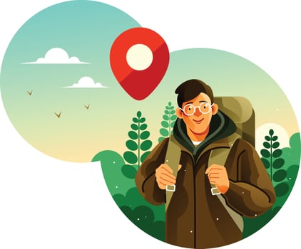 Man with camping backpack takes a trip to forest vector