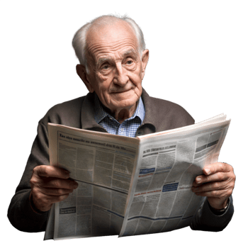 Elderly man reading a newspaper, looking concentrated on a transparent background png