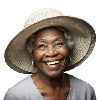 Senior woman wearing a wide-brimmed hat, smiling cheerfully on a transparent background png