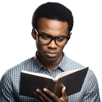 Man reading a book intently, wearing glasses on a transparent background png