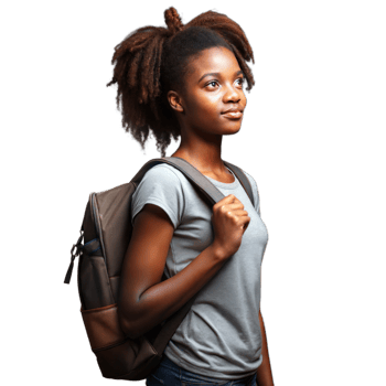 Young woman with a backpack, looking forward with determination on a transparent background png