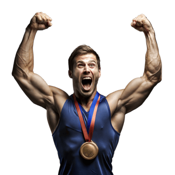 Muscular athlete celebrating with a gold medal, flexing arms in triumph on a transparent background png
