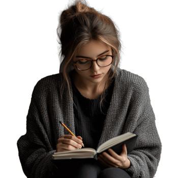 Young woman in glasses writing in a notebook, focusing on her studies, on a transparent background png