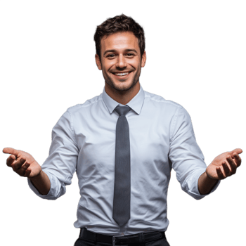 Smiling businessman with open hands gesturing confidently, dressed in a formal shirt, on a transparent background png