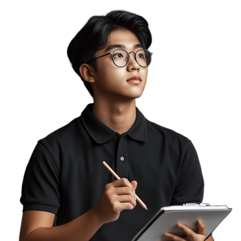Focused young man in glasses using a digital tablet, holding a stylus, on a transparent background png