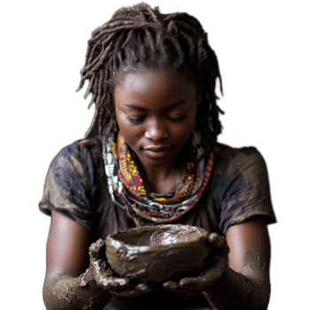 Young girl holding a clay pot, wearing colorful beaded jewelry, smiling as she works, on a transparent background png