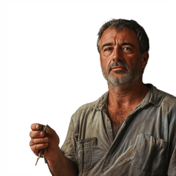 Middle-aged farmer holding a freshly picked garlic bulb, wearing a work shirt, on a transparent background png