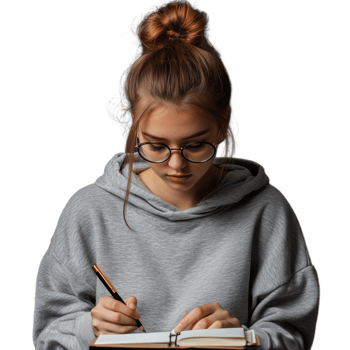 Young woman wearing a hoodie and writing in a notebook, focused on her work, on a transparent background png