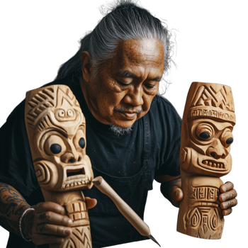 Elderly man holding two carved wooden statues with pride, showing traditional craftsmanship, on a transparent background png