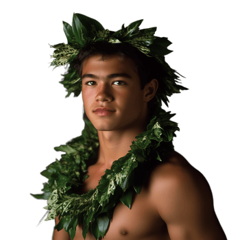 Young man wearing traditional leaf garb, looking confidently at the camera, on a transparent background png