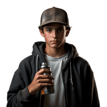 Young man wearing a cap and hoodie, holding a drink and staring intently, on a transparent background png
