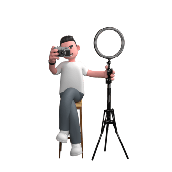 Cartoon Professional Photographer. A male photographer is sitting next to a ring light with his right hand holding a camera that is close to his face while his left hand holds a ring light. 3D Male png