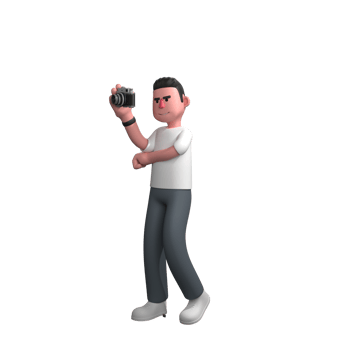 A male photographer is standing with his left hand in front of his chest under his right hand holding the camera. 3D Male Photographer png
