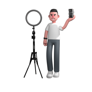 3D Male Photographer in Media Profession. A male photographer is standing holding a camera in his right hand and standing next to a ring light. Illustrated png