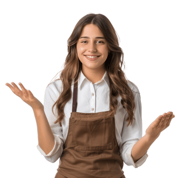Smiling female receptionist in uniform hand presenting something front view isolate on transparency background png